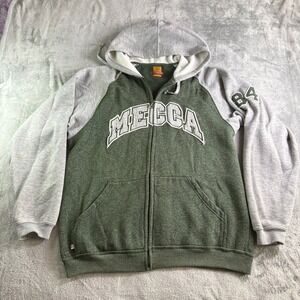 VTG Mecca Raglan Sleeve Full Zip Logo Hoodie Mens XL Green Gray